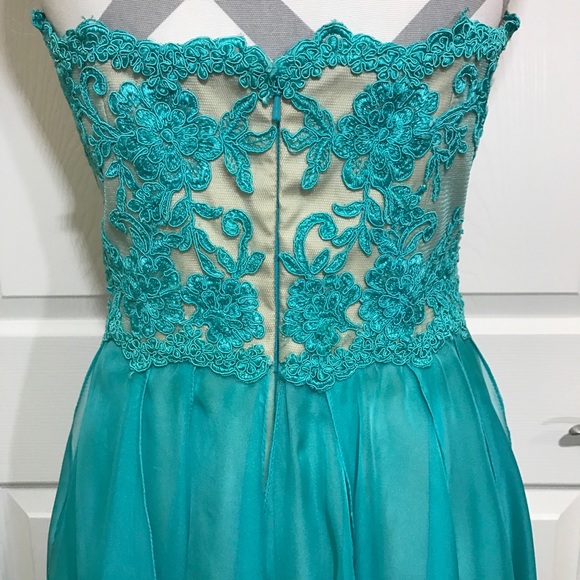 La Femme Aqua Blue Teal Prom Pageant Dress Chiffon Lace High Low Strapless Gown - Picture 6 of 8
